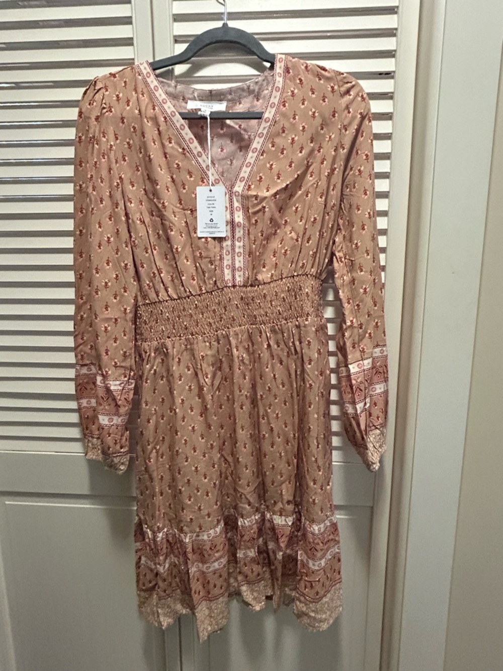 Women's Long Sleeve Boho Smocked Waist Dress - Tan Floral